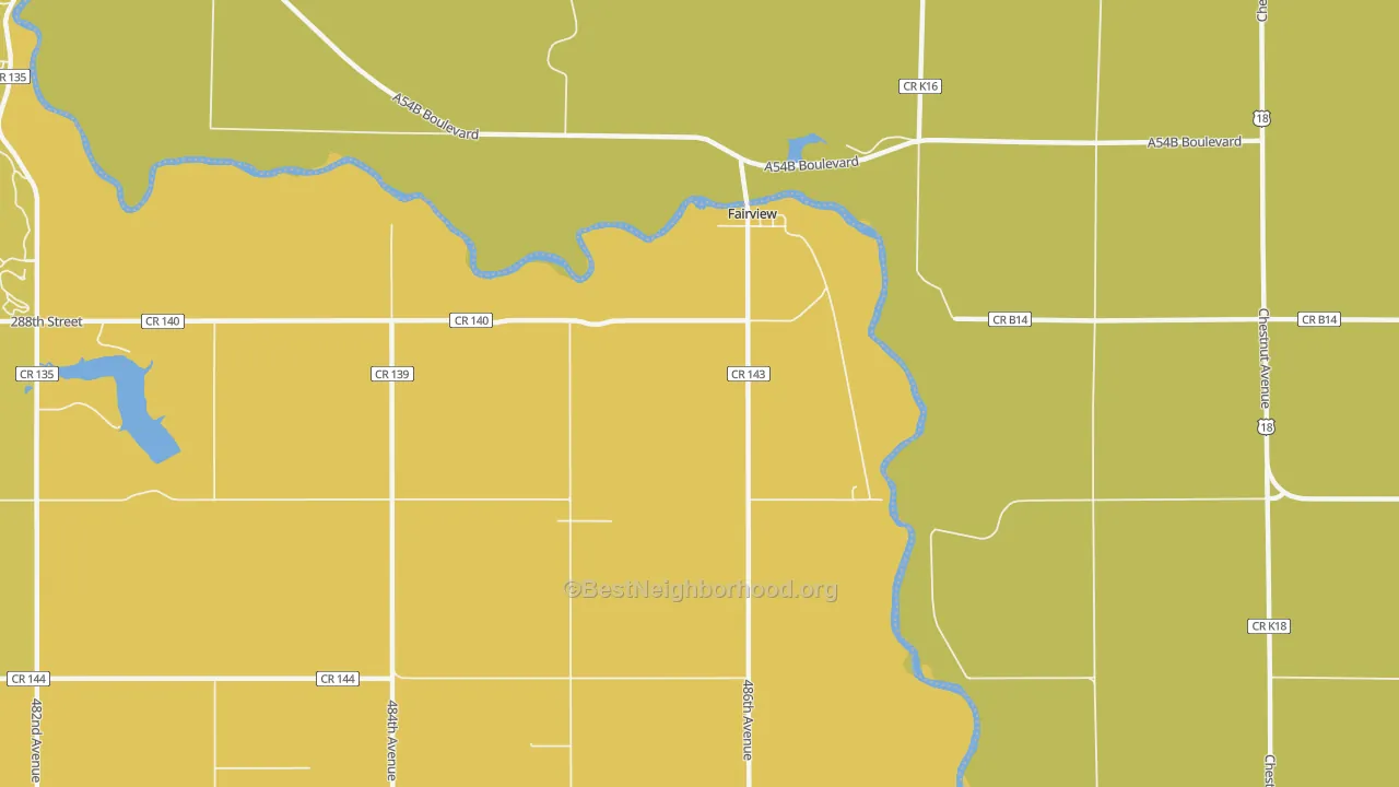 Map of the best neighborhoods in the 57027 area, with better matches in green and worse matches in red