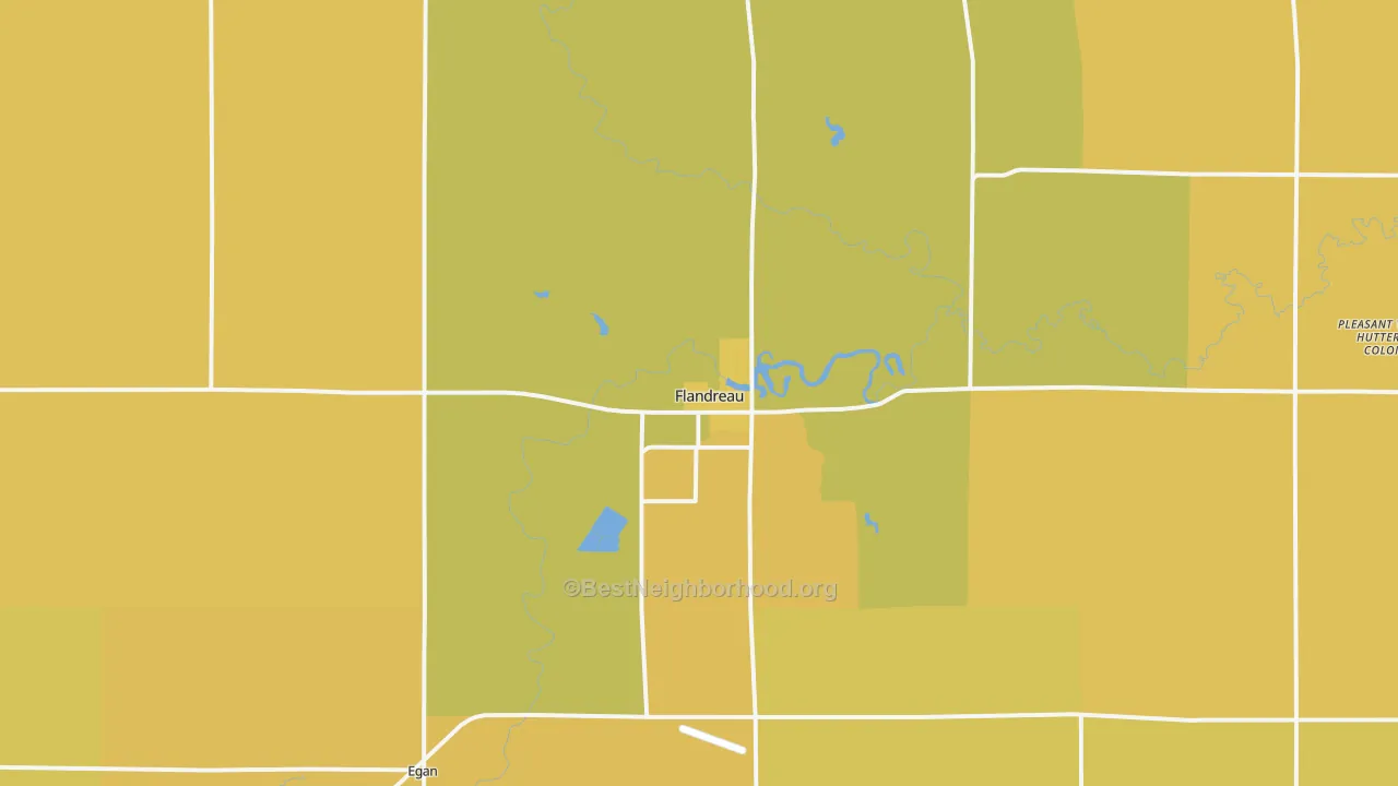 Map of the best neighborhoods in the 57028 area, with better matches in green and worse matches in red