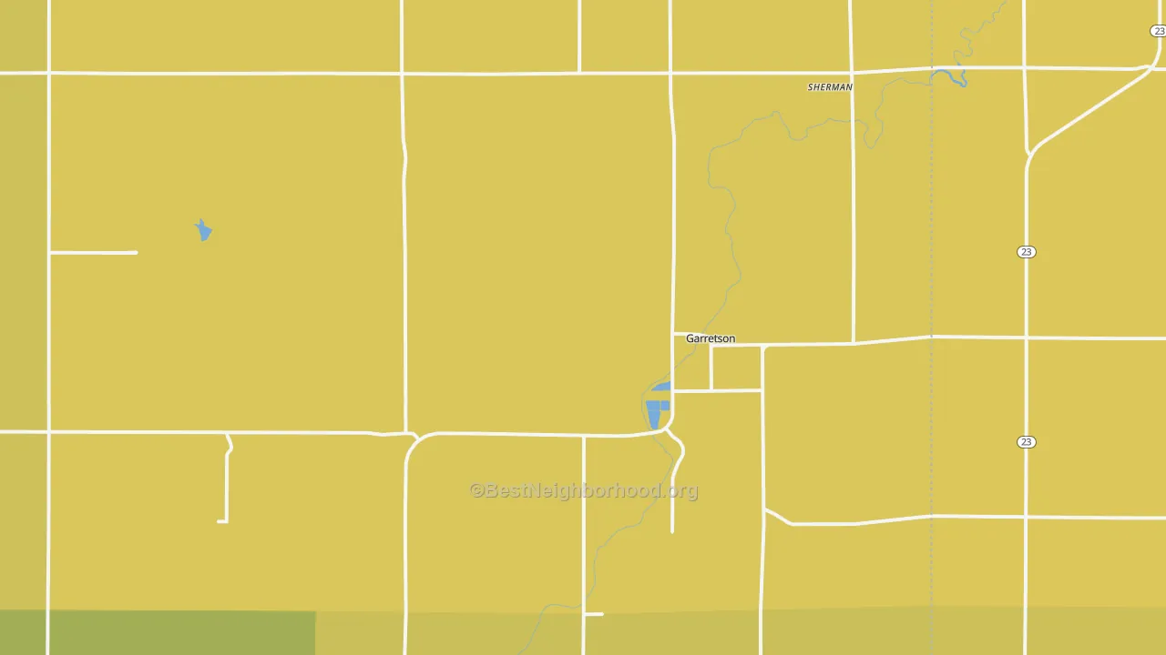 Map of the best neighborhoods in the 57030 area, with better matches in green and worse matches in red