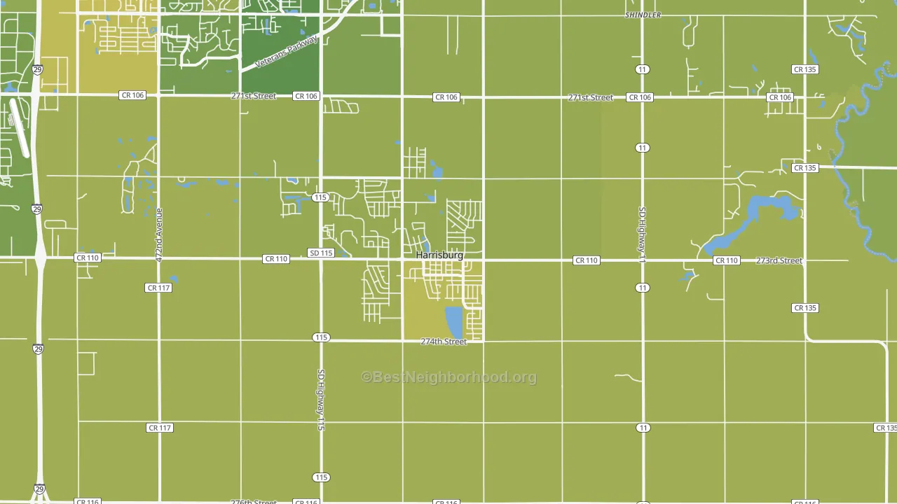 Map of the best neighborhoods in the 57032 area, with better matches in green and worse matches in red