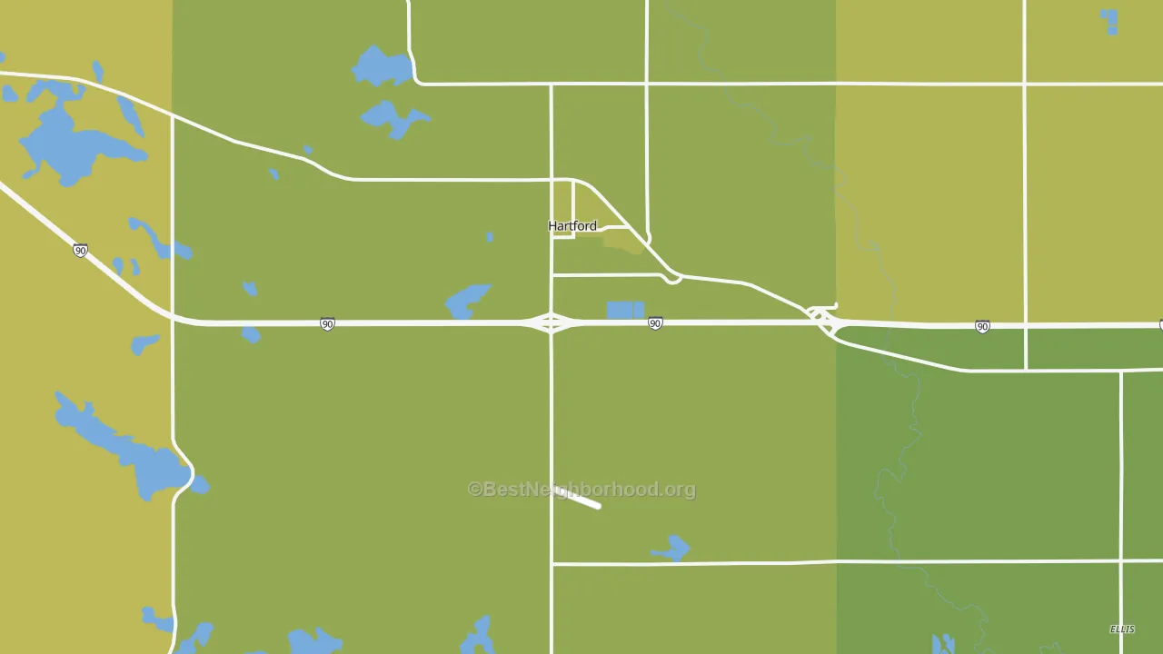 Map of the best neighborhoods in the 57033 area, with better matches in green and worse matches in red