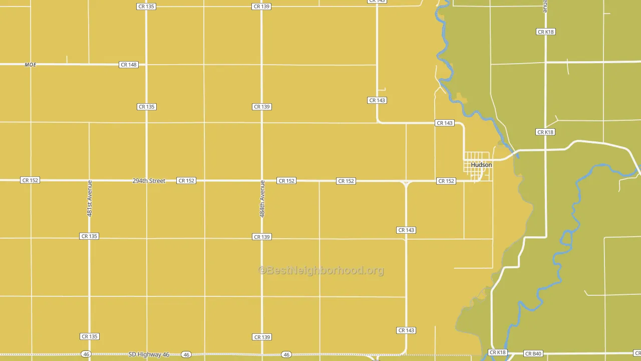 Map of the best neighborhoods in the 57034 area, with better matches in green and worse matches in red