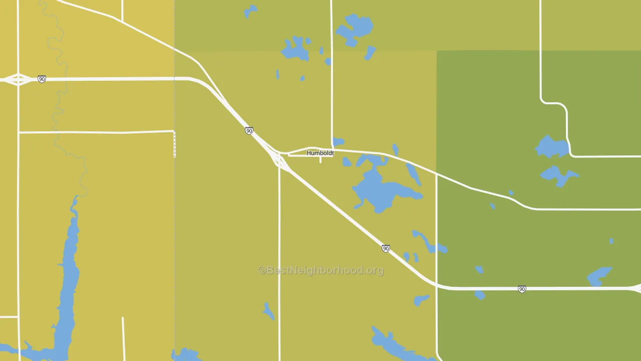 Map of the best neighborhoods in the 57035 area, with better matches in green and worse matches in red
