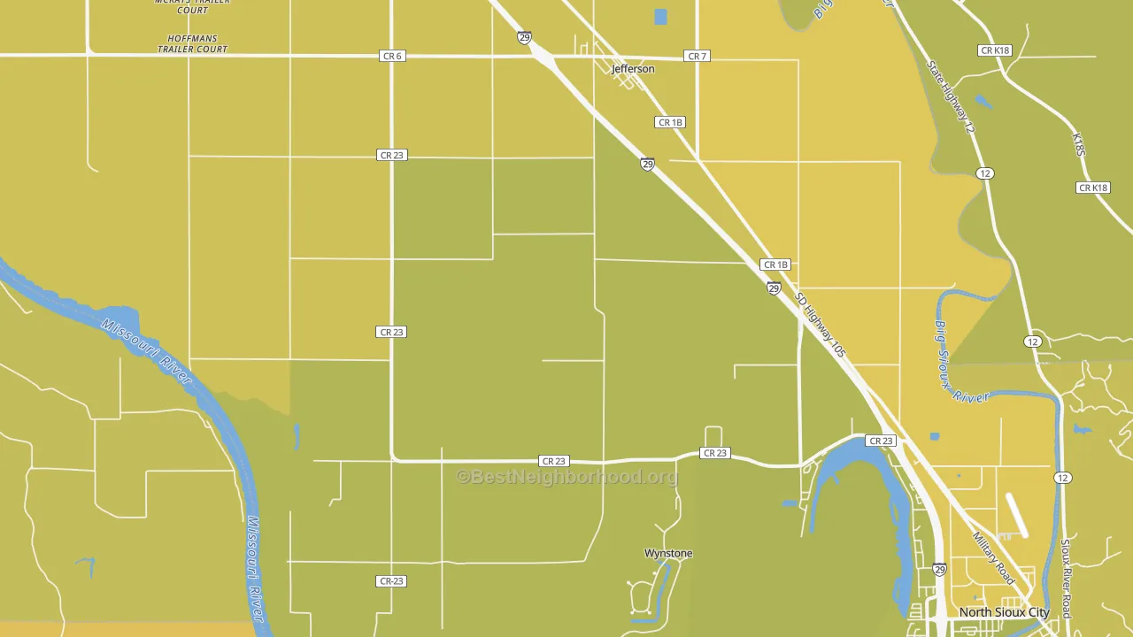 Map of the best neighborhoods in the 57038 area, with better matches in green and worse matches in red