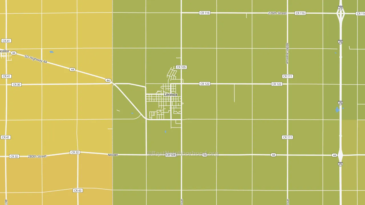 Map of the best neighborhoods in the 57039 area, with better matches in green and worse matches in red