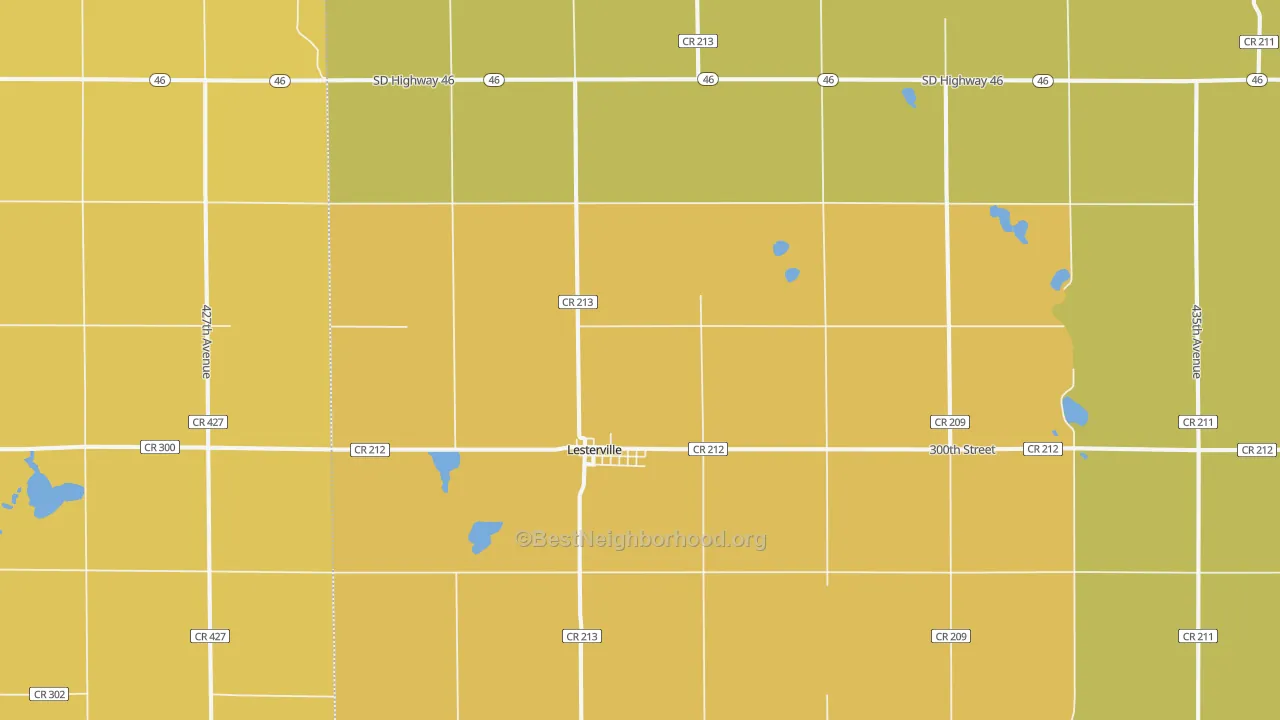Map of the best neighborhoods in the 57040 area, with better matches in green and worse matches in red