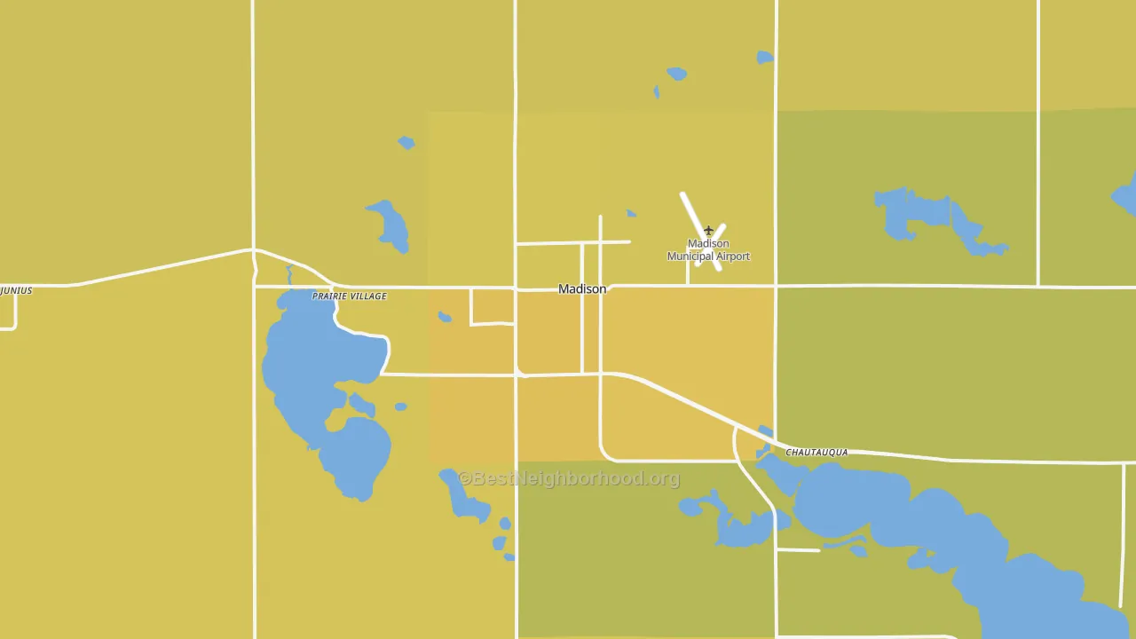 Map of the best neighborhoods in the 57042 area, with better matches in green and worse matches in red