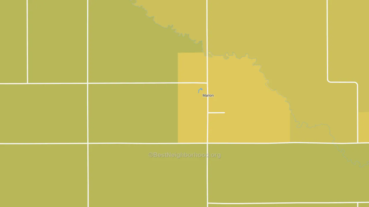 Map of the best neighborhoods in the 57043 area, with better matches in green and worse matches in red