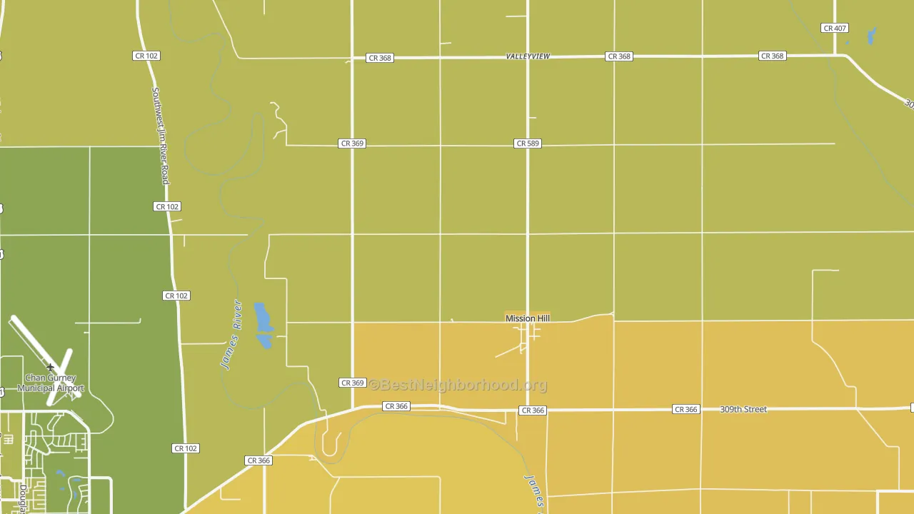 Map of the best neighborhoods in the 57046 area, with better matches in green and worse matches in red