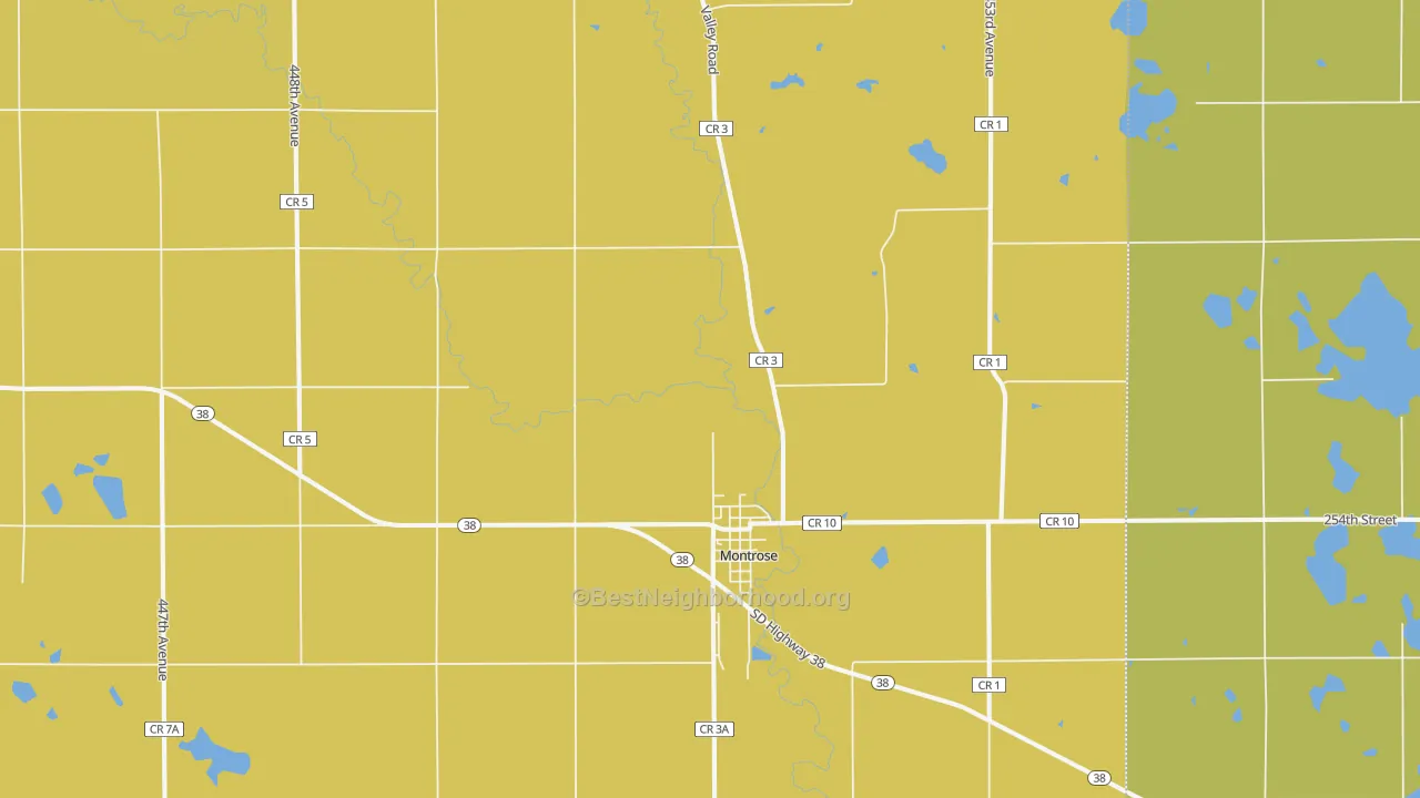 Map of the best neighborhoods in the 57048 area, with better matches in green and worse matches in red