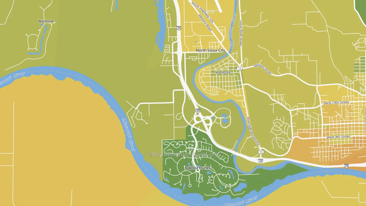 Map of the best neighborhoods in the 57049 area, with better matches in green and worse matches in red