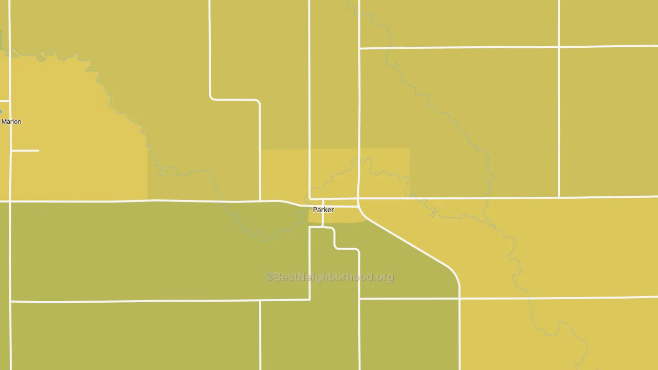 Map of the best neighborhoods in the 57053 area, with better matches in green and worse matches in red
