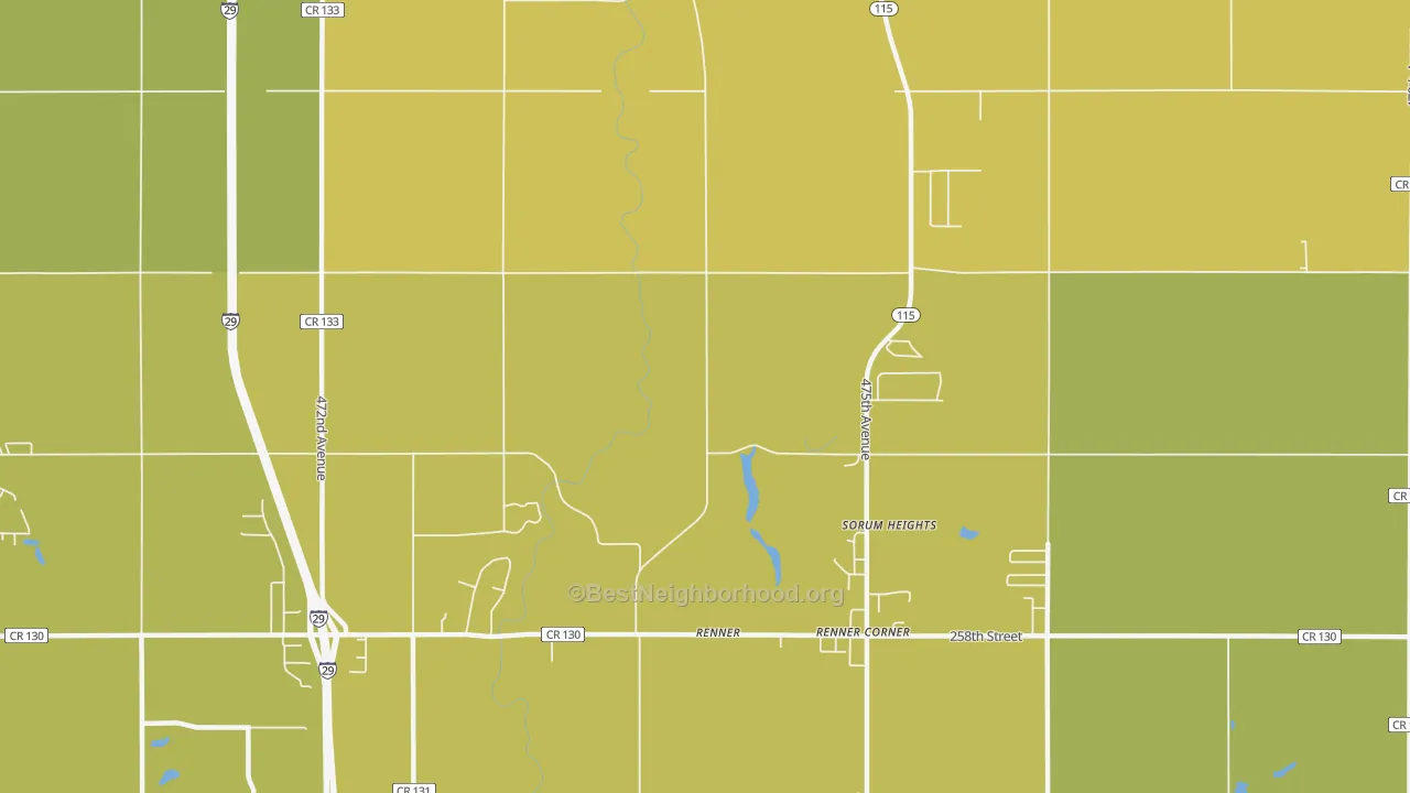 Map of the best neighborhoods in the 57055 area, with better matches in green and worse matches in red