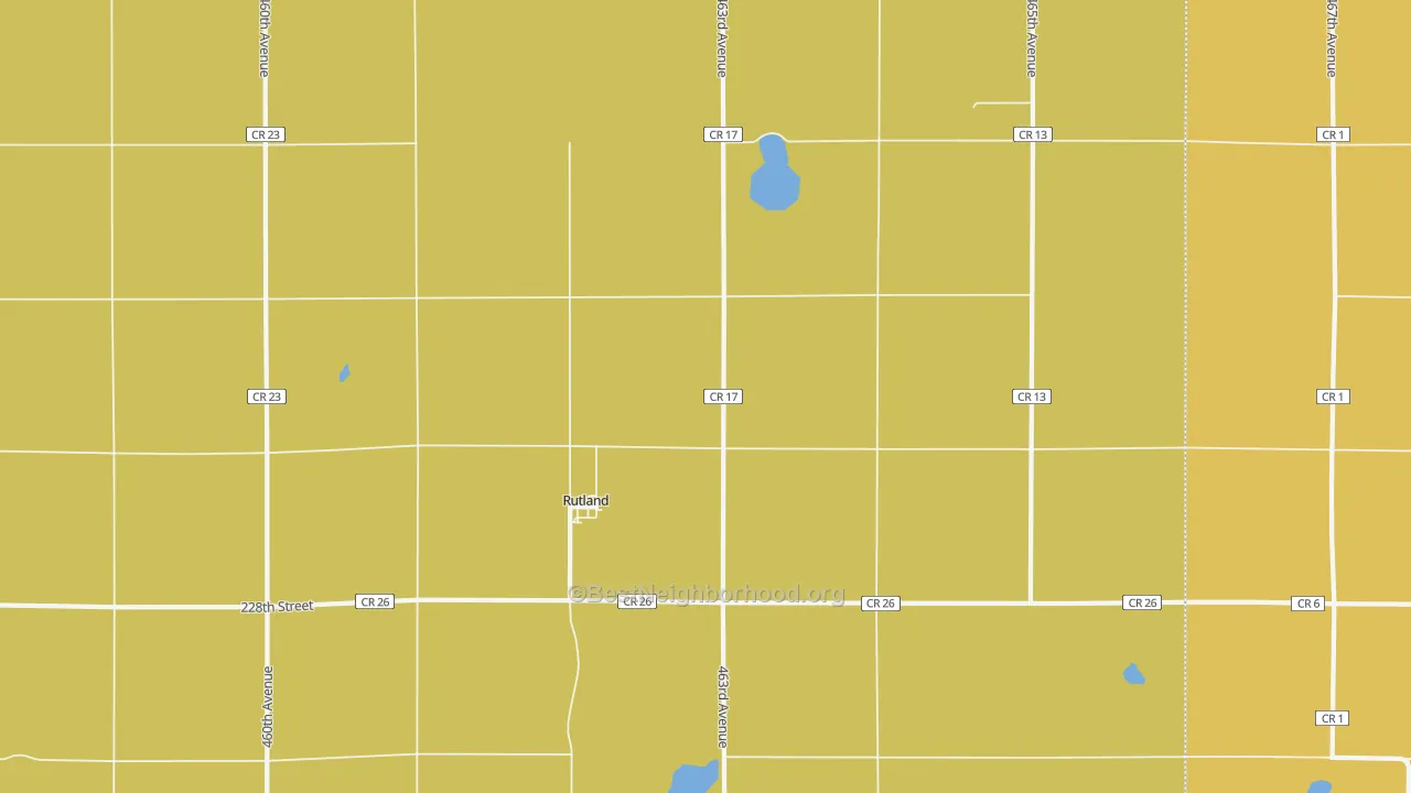 Map of the best neighborhoods in the 57057 area, with better matches in green and worse matches in red