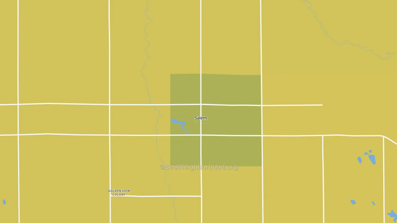 Map of the best neighborhoods in the 57058 area, with better matches in green and worse matches in red