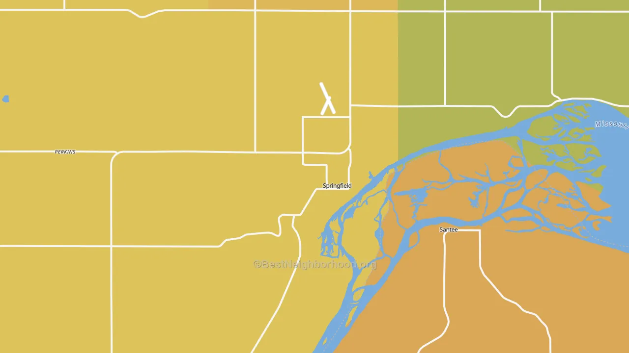 Map of the best neighborhoods in the 57062 area, with better matches in green and worse matches in red