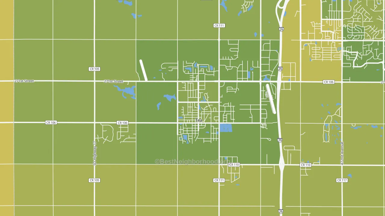 Map of the best neighborhoods in the 57064 area, with better matches in green and worse matches in red