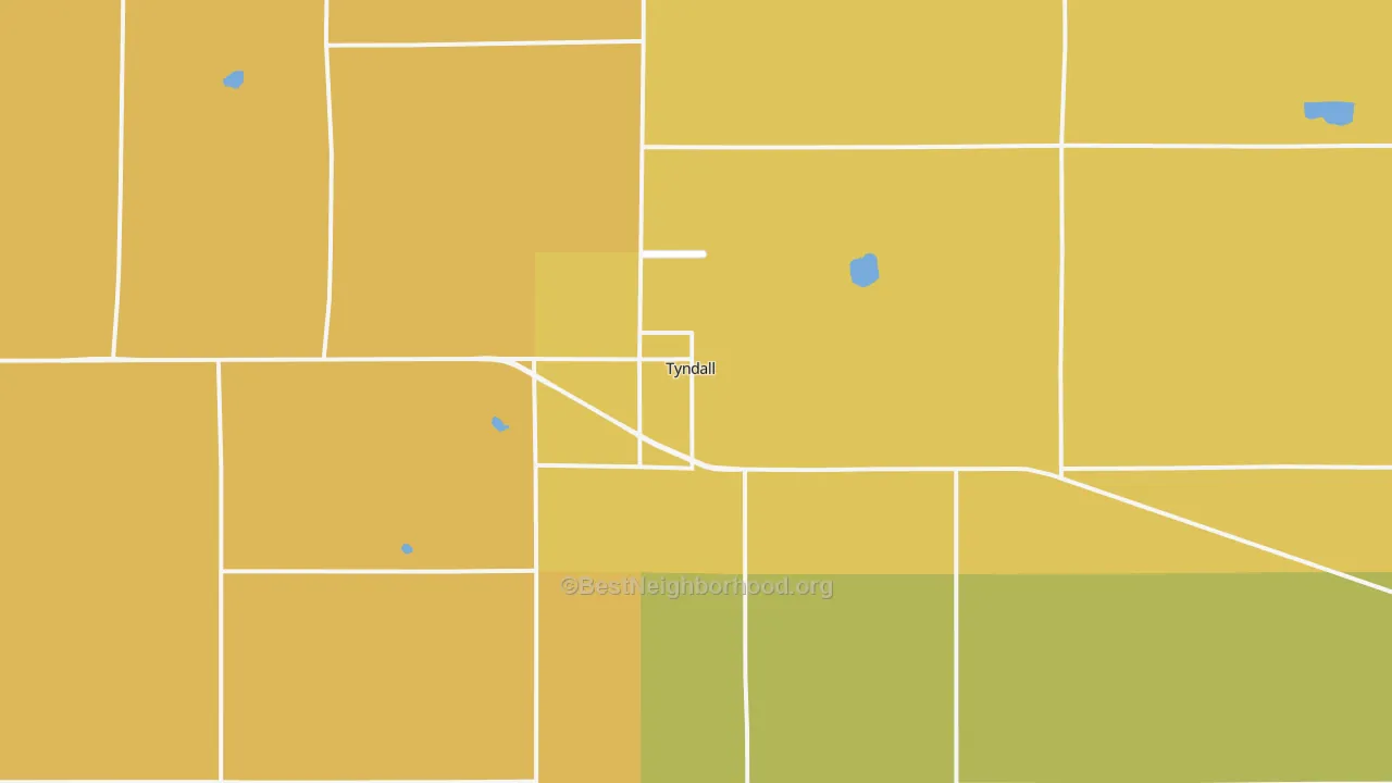 Map of the best neighborhoods in the 57066 area, with better matches in green and worse matches in red