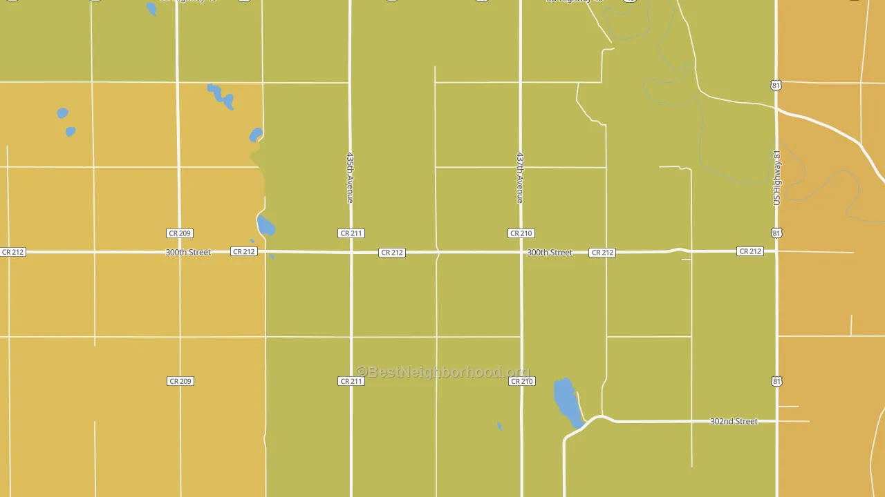 Map of the best neighborhoods in the 57067 area, with better matches in green and worse matches in red