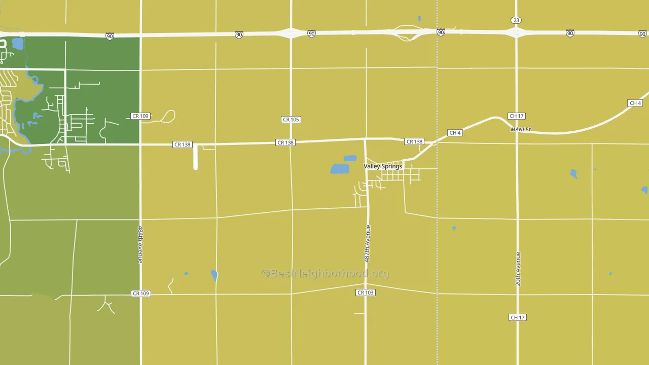 Map of the best neighborhoods in the 57068 area, with better matches in green and worse matches in red