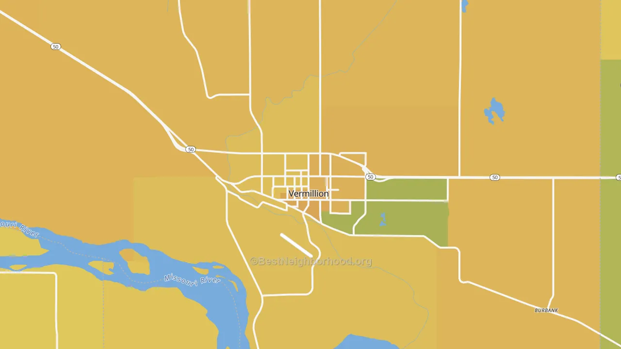 Map of the best neighborhoods in the 57069 area, with better matches in green and worse matches in red