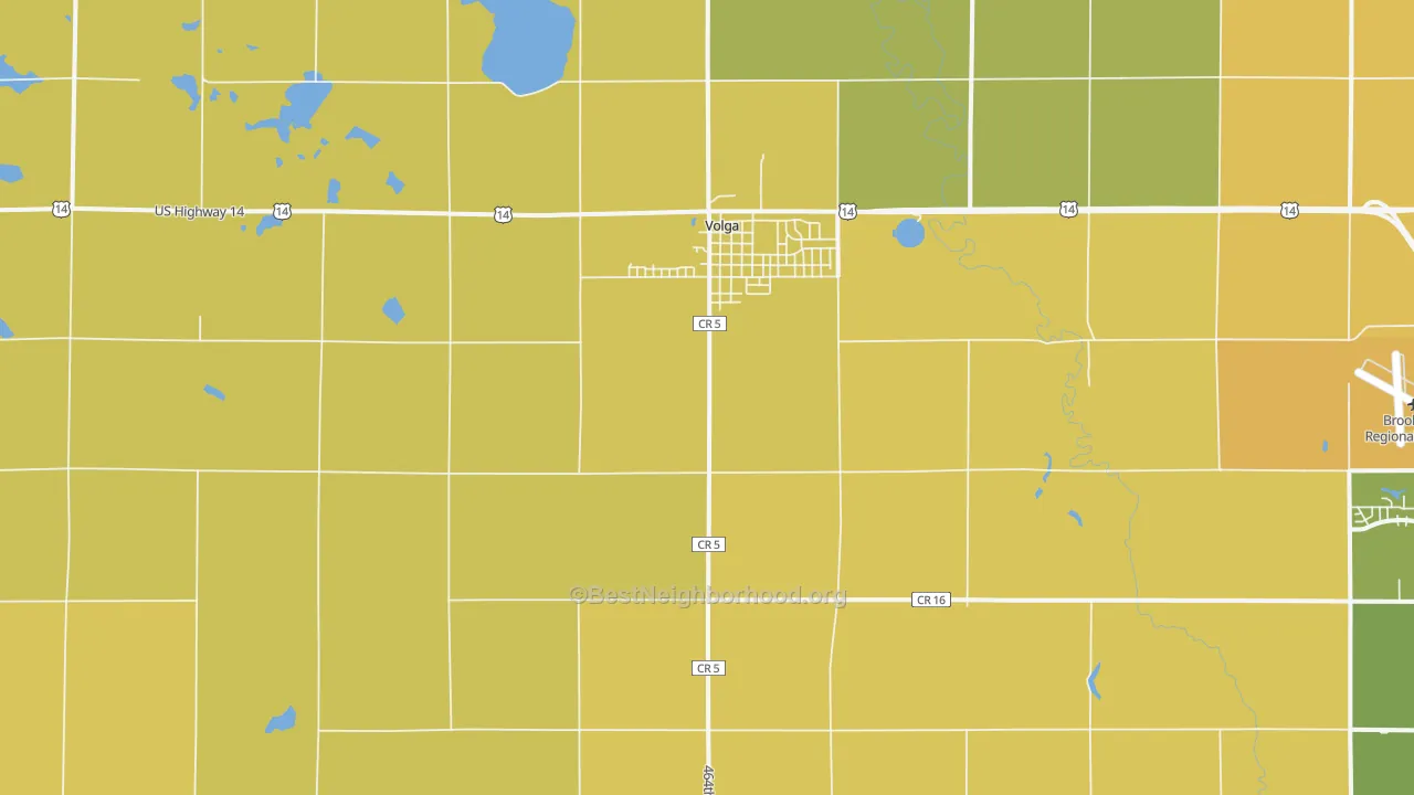 Map of the best neighborhoods in the 57071 area, with better matches in green and worse matches in red