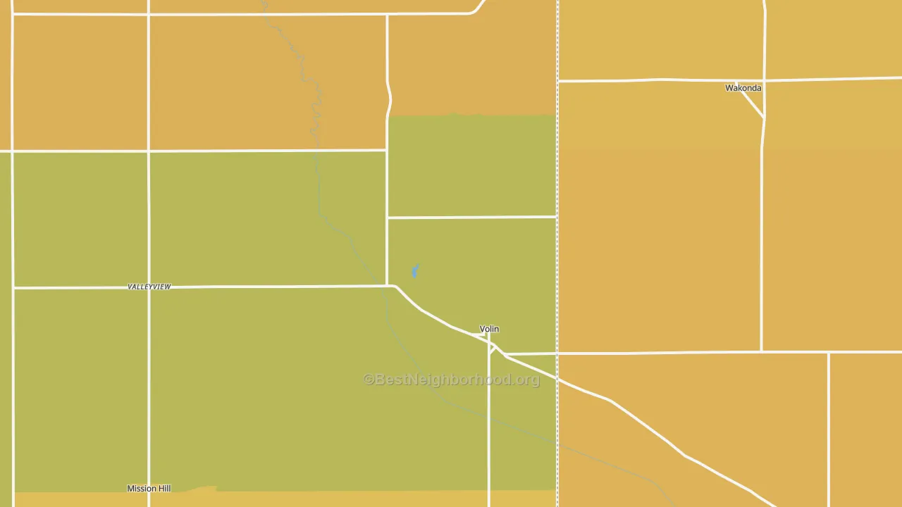 Map of the best neighborhoods in the 57072 area, with better matches in green and worse matches in red