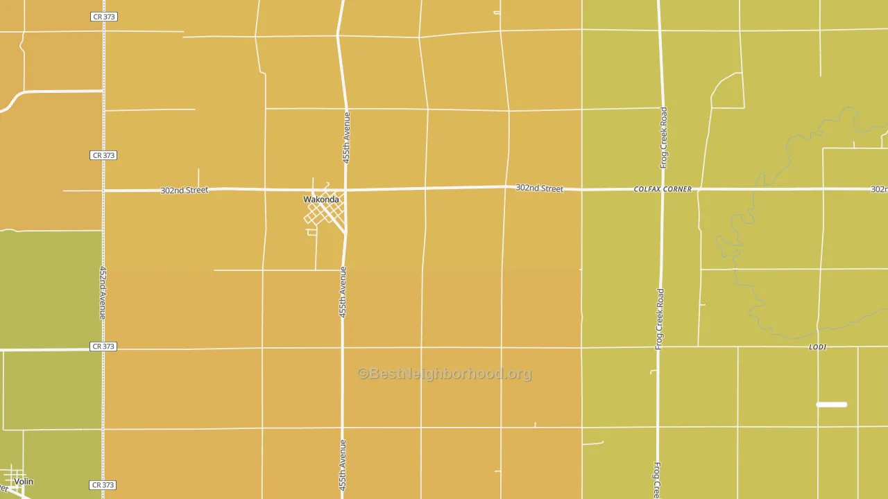 Map of the best neighborhoods in the 57073 area, with better matches in green and worse matches in red