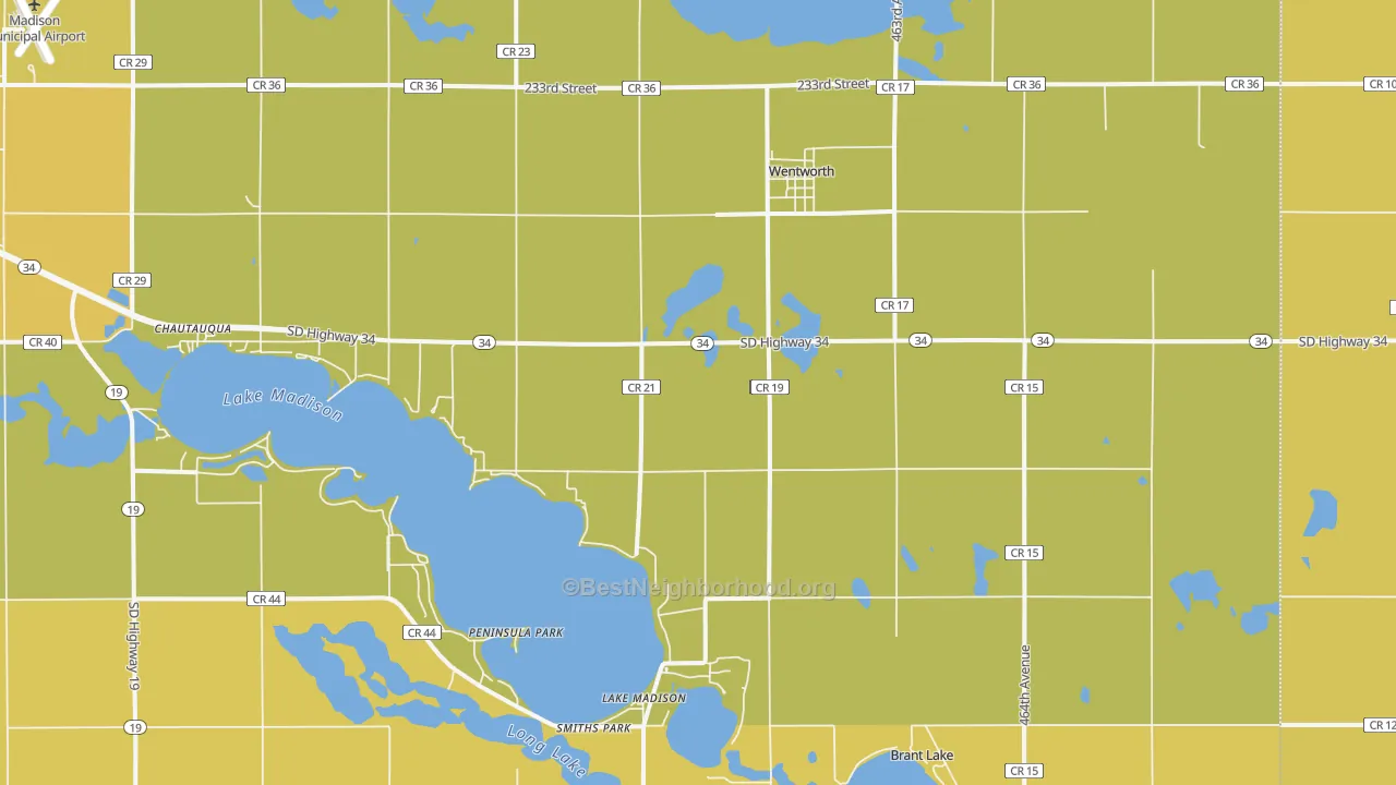 Map of the best neighborhoods in the 57075 area, with better matches in green and worse matches in red