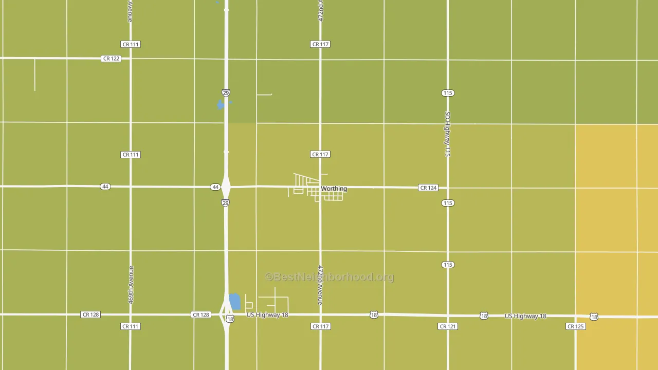 Map of the best neighborhoods in the 57077 area, with better matches in green and worse matches in red