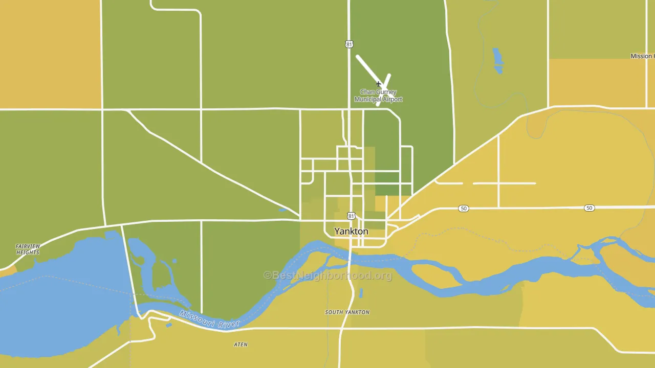 Map of the best neighborhoods in the 57078 area, with better matches in green and worse matches in red
