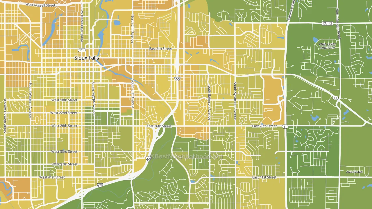 Map of the best neighborhoods in the 57103 area, with better matches in green and worse matches in red