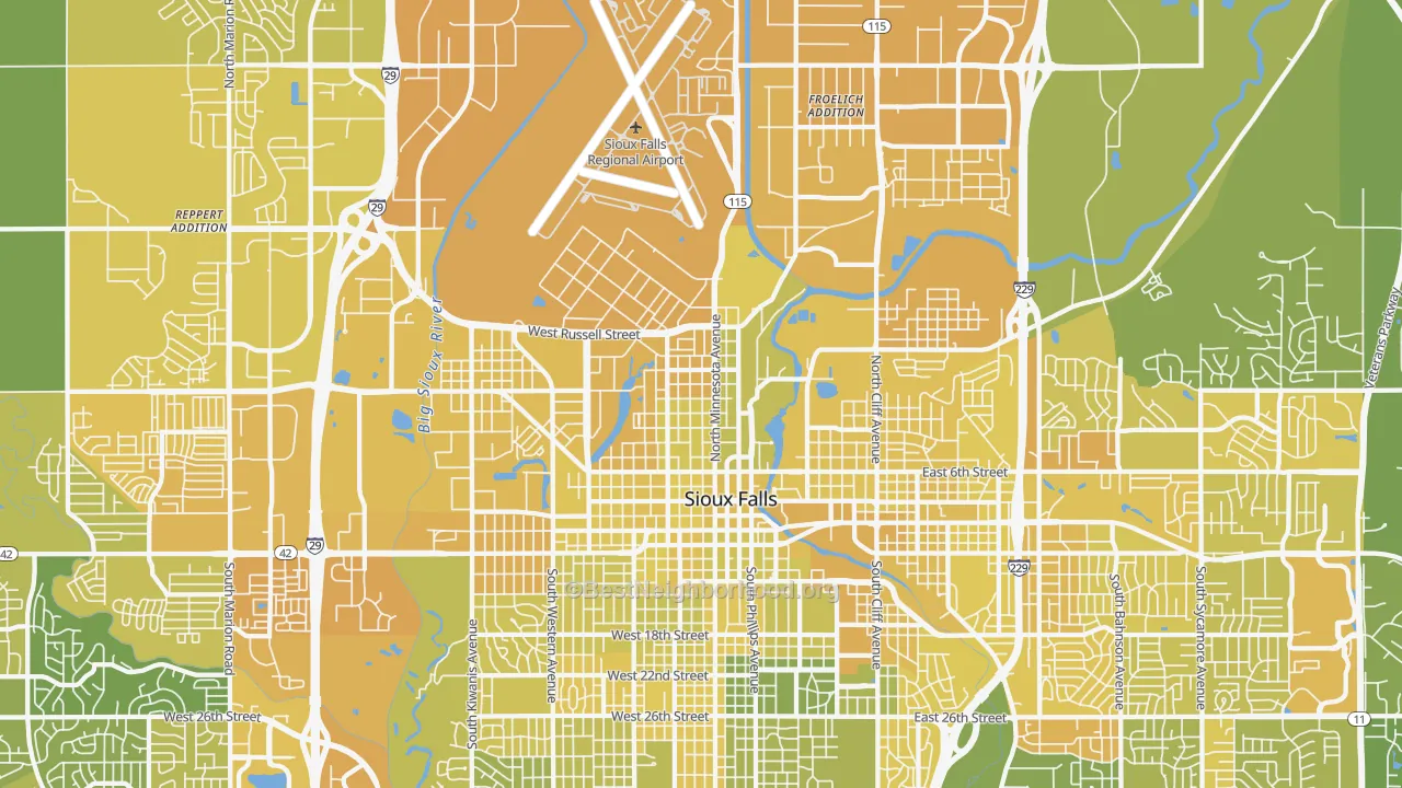 Map of the best neighborhoods in the 57104 area, with better matches in green and worse matches in red