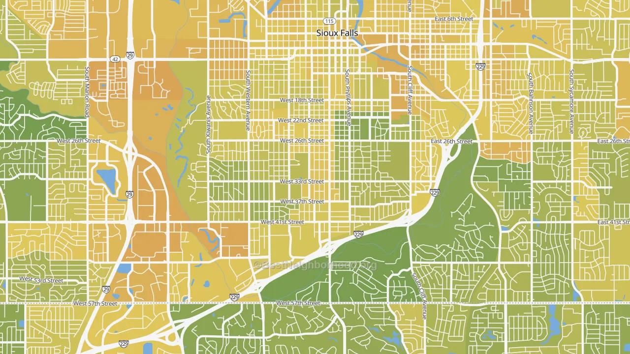 Map of the best neighborhoods in the 57105 area, with better matches in green and worse matches in red
