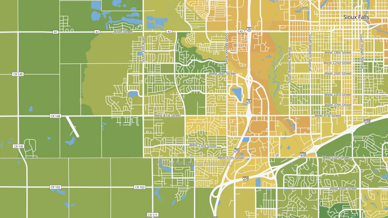 Map of the best neighborhoods in the 57106 area, with better matches in green and worse matches in red