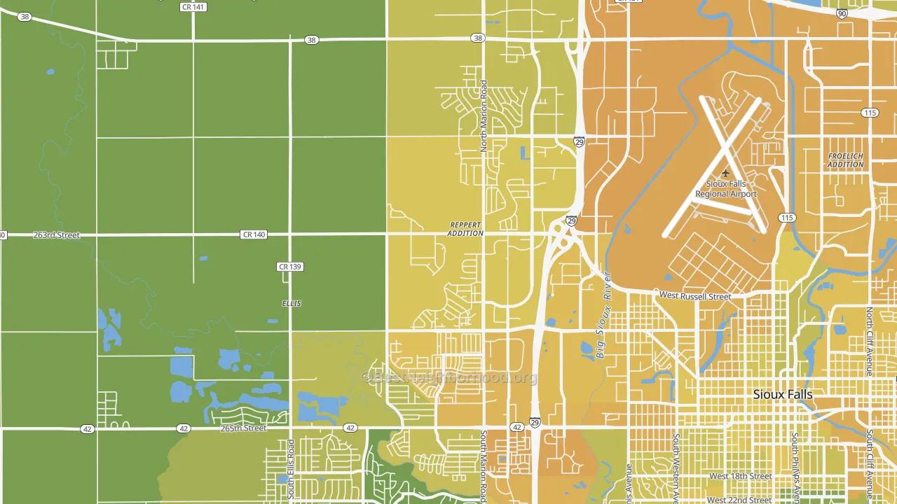 Map of the best neighborhoods in the 57107 area, with better matches in green and worse matches in red