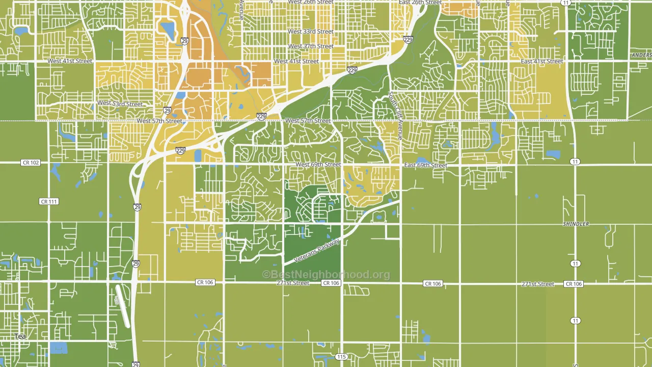 Map of the best neighborhoods in the 57108 area, with better matches in green and worse matches in red