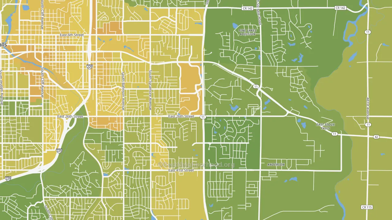Map of the best neighborhoods in the 57110 area, with better matches in green and worse matches in red