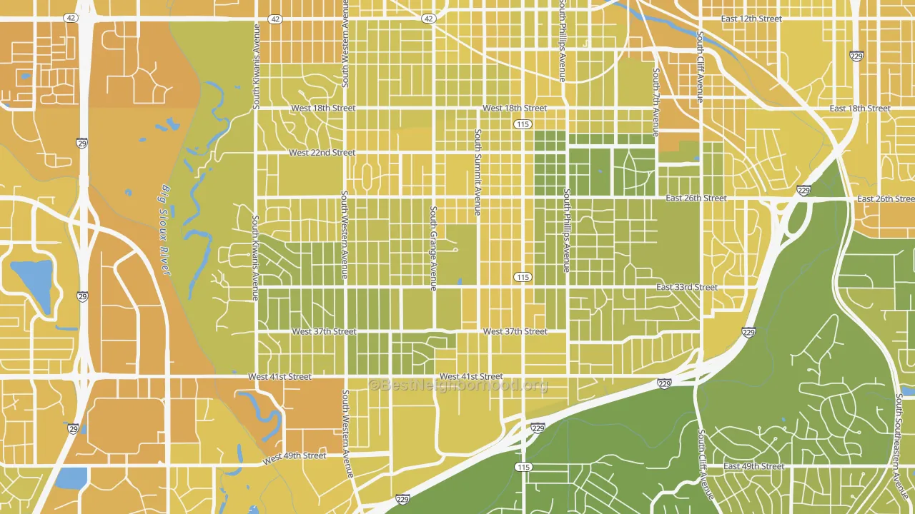 Map of the best neighborhoods in the 57197 area, with better matches in green and worse matches in red