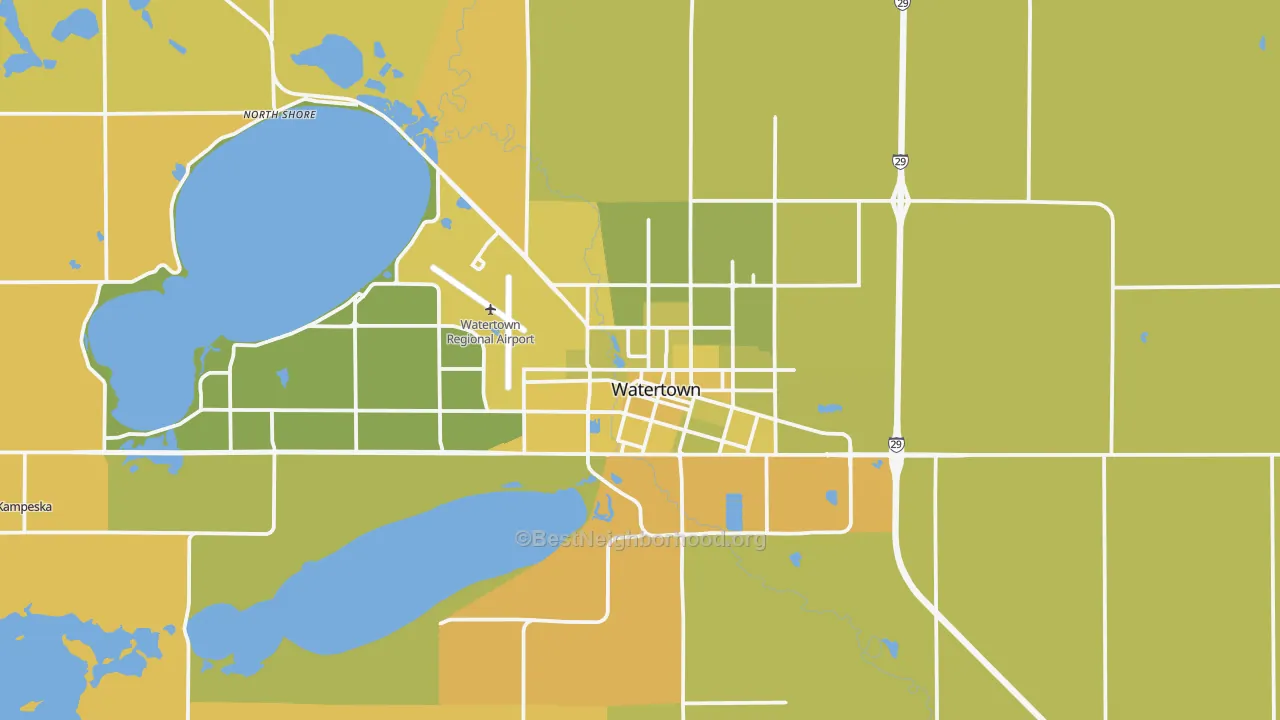 Map of the best neighborhoods in the 57201 area, with better matches in green and worse matches in red