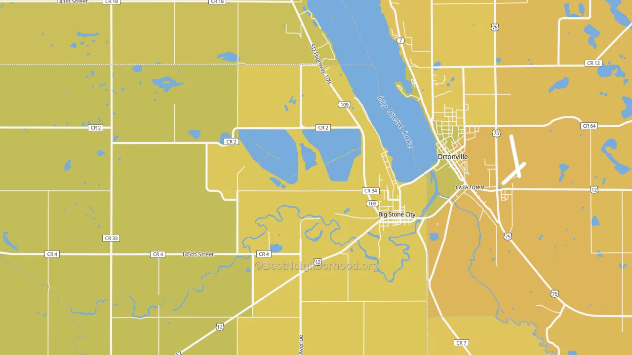 Map of the best neighborhoods in the 57216 area, with better matches in green and worse matches in red