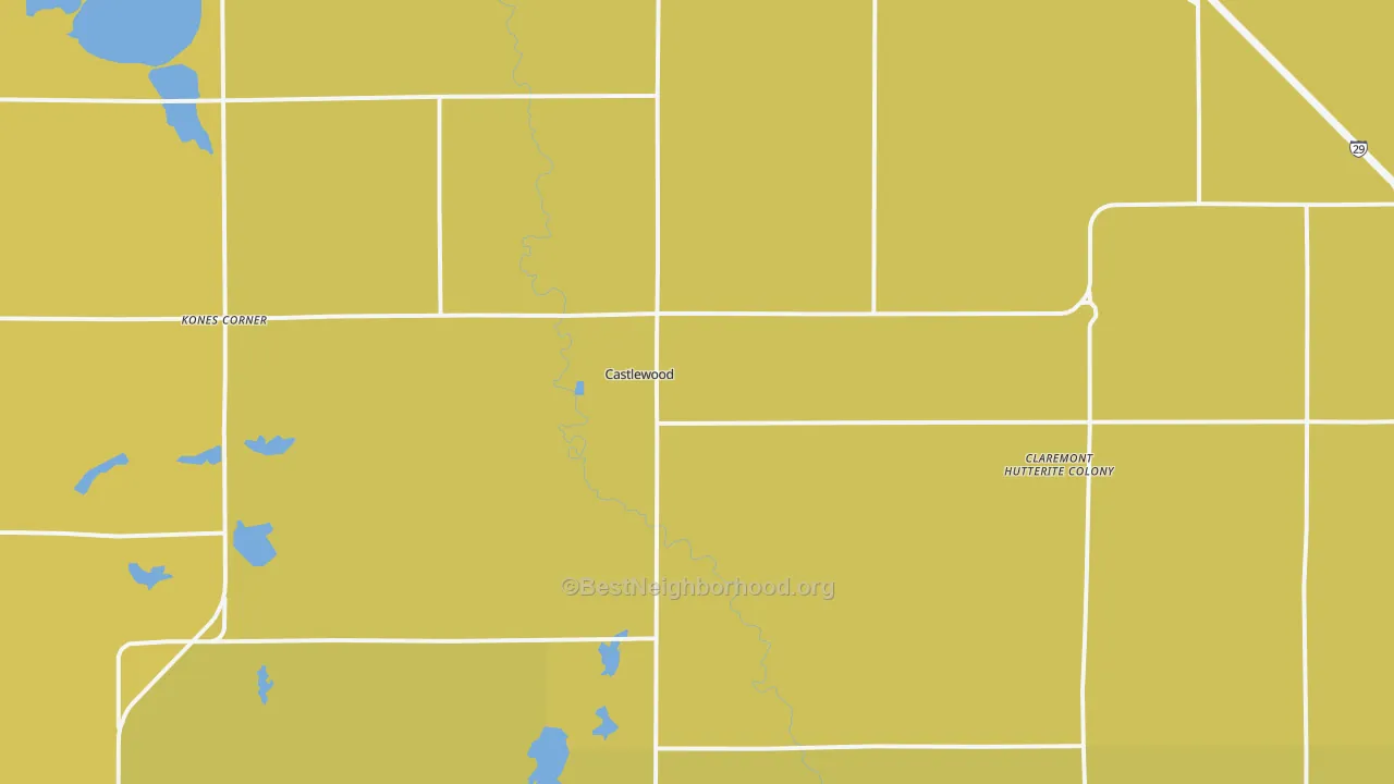 Map of the best neighborhoods in the 57223 area, with better matches in green and worse matches in red