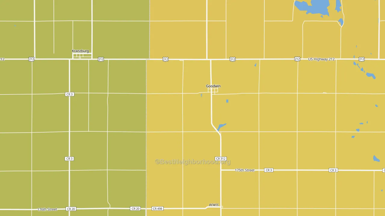 Map of the best neighborhoods in the 57238 area, with better matches in green and worse matches in red