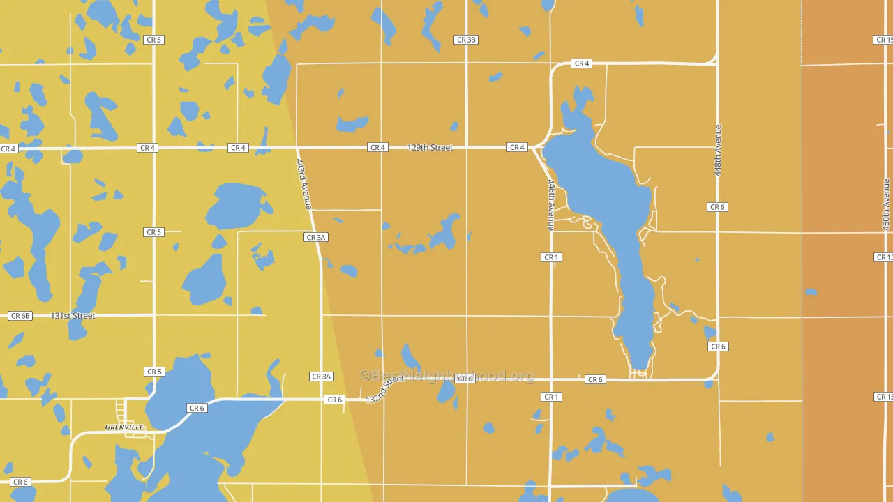 Map of the best neighborhoods in the 57239 area, with better matches in green and worse matches in red