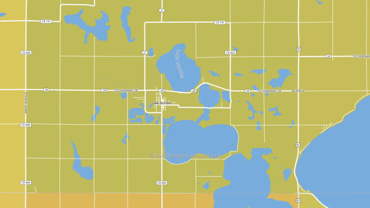 Map of the best neighborhoods in the 57248 area, with better matches in green and worse matches in red
