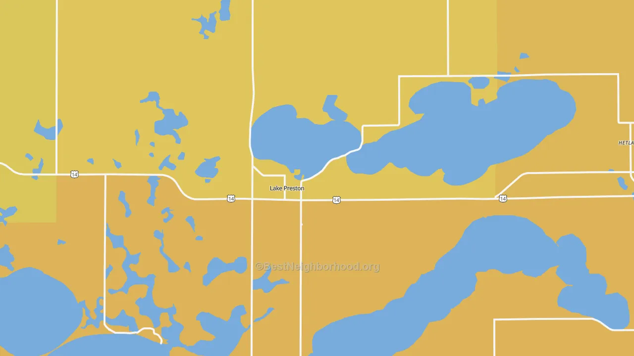 Map of the best neighborhoods in the 57249 area, with better matches in green and worse matches in red