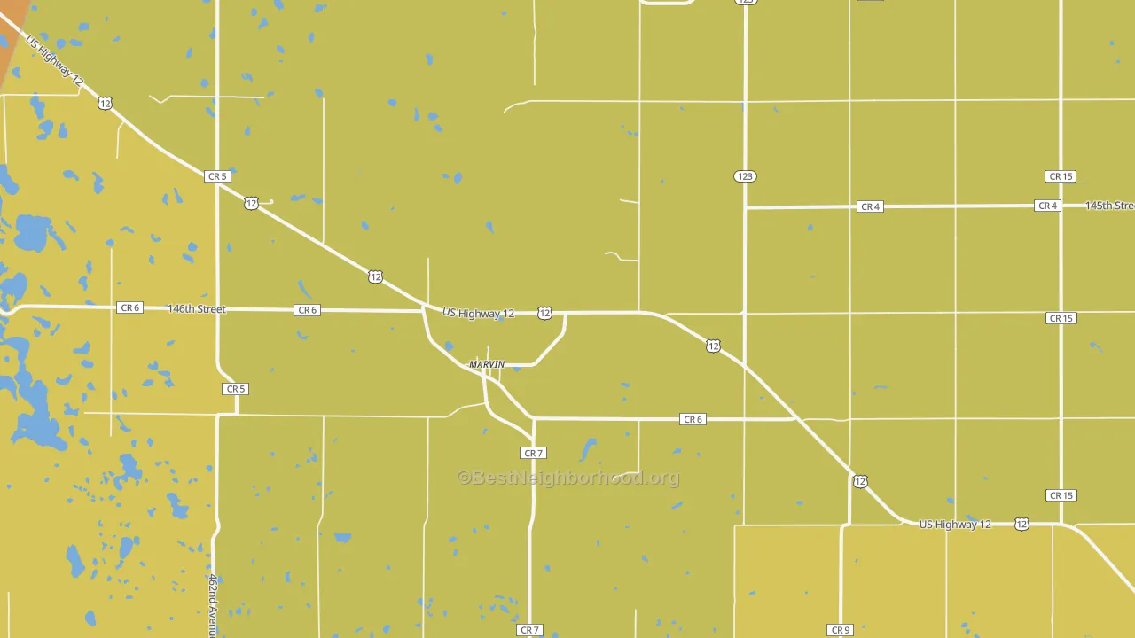 Map of the best neighborhoods in the 57251 area, with better matches in green and worse matches in red
