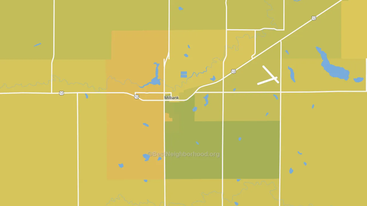 Map of the best neighborhoods in the 57252 area, with better matches in green and worse matches in red