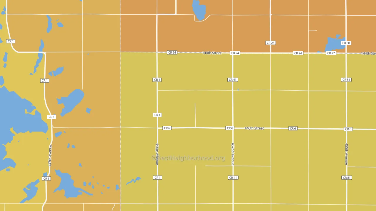 Map of the best neighborhoods in the 57256 area, with better matches in green and worse matches in red