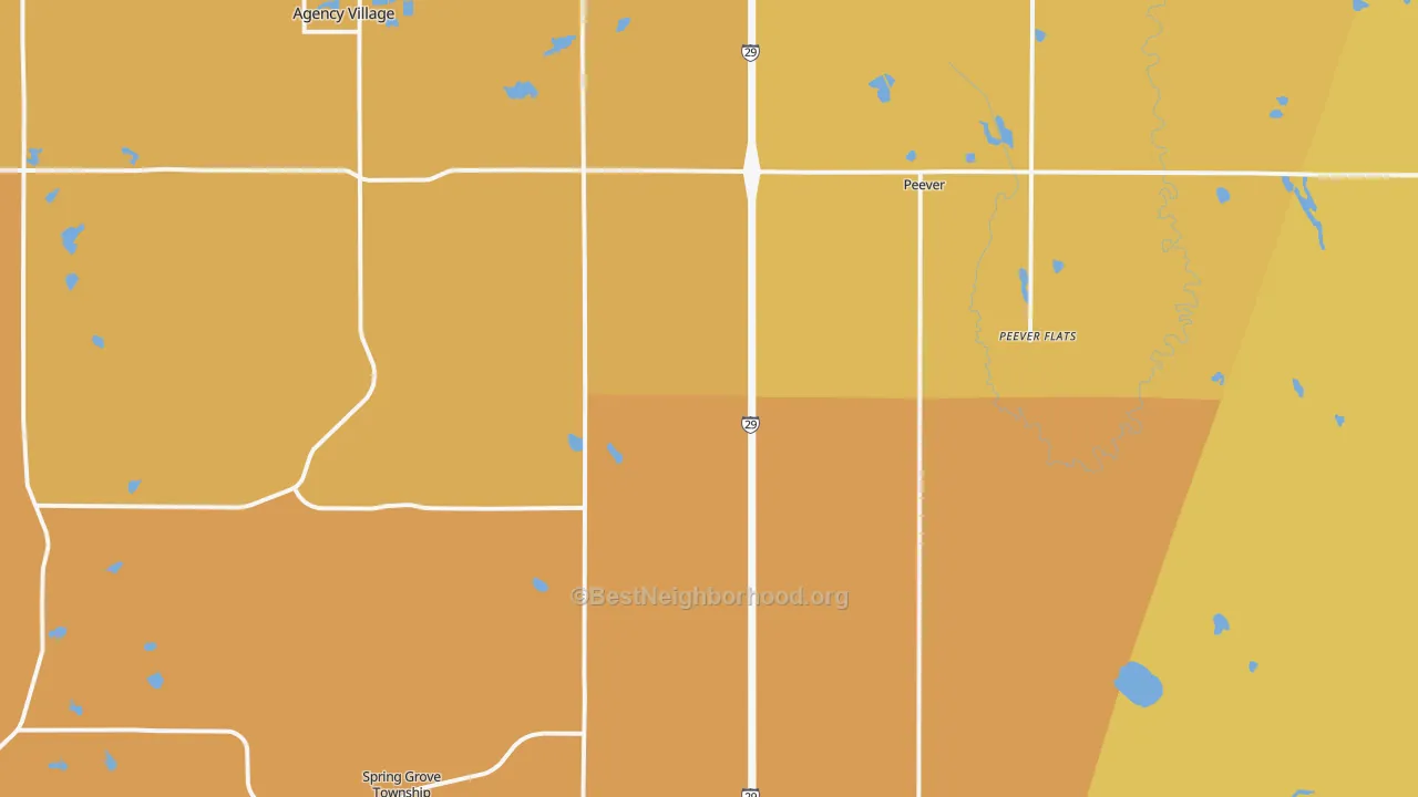 Map of the best neighborhoods in the 57257 area, with better matches in green and worse matches in red